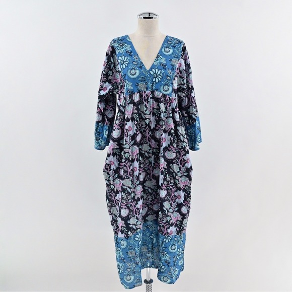 Millie Dresses & Skirts - Millie Resort Travel Floral Dress Size L Blue Paisley Bohemian Cotton India Boho